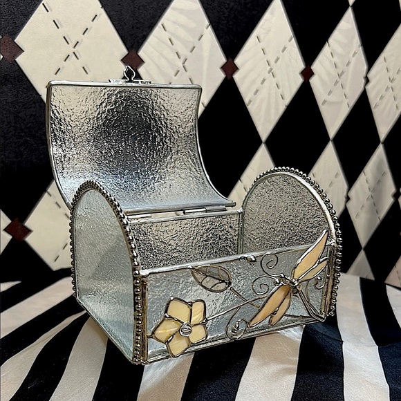 Tempered Glass Box with Floral & Dragonfly Design – Silver Accents - Picture 7 of 10